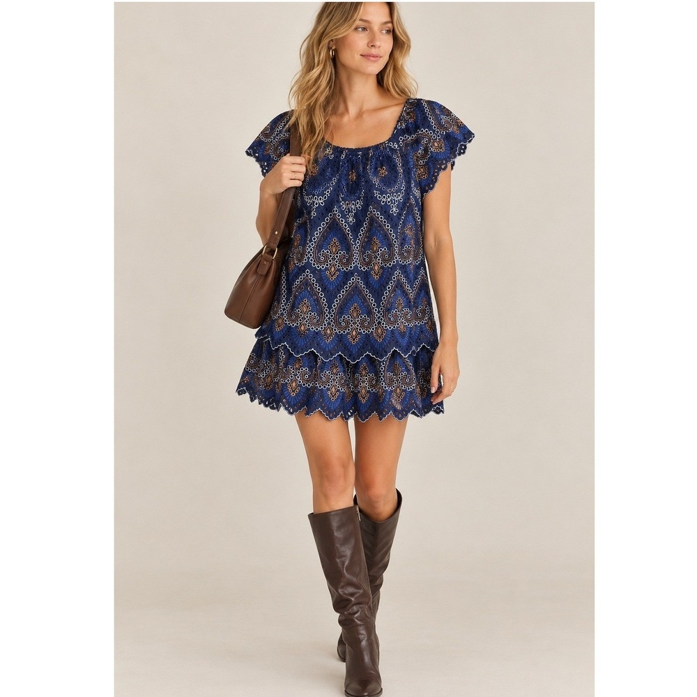 Anthropologie Nori Eyelet Tunic Mini Dress Womens 2 Navy Blue Embroidered Tiered
